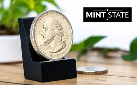 Une pièce de monnaie en or, de profil, est présentée sur un support noir.