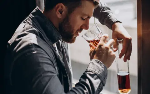 Mężczyzna z brodą, oparty o okno, pije alkohol. W ręku trzyma szklankę z bursztynowym płynem i pustą butelkę. To obraz, jak alkoholik zapije się na śmierć.