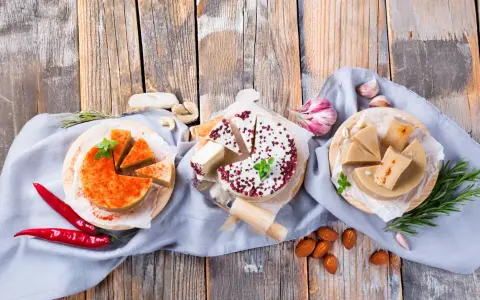 Drei runde Käsealternativen, eine mit Paprikapulver, eine mit roten Beeren und eine mit Kräutern, als cheddar ersatz arrangiert.