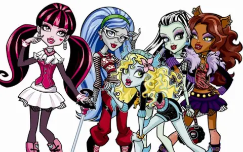Pięć kolorowych, stylowych **monster high postaci damskich** pozuje razem, każda z unikalnym wyglądem i osobowością.