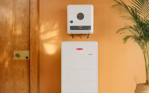 System magazynowania energii Fronius Symo GEN24 i akumulator Reserva na pomarańczowej ścianie, obok drewnianych drzwi i rośliny.