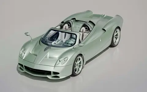 Pagani Huayra Codalunga w kolorze miętowym, z otwartym dachem, prezentuje swoje eleganckie linie i sportowy charakter.