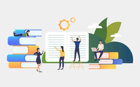 Menschen lernen und arbeiten mit Büchern und Laptops. Zahnräder und Blätter deuten auf stilistische Geräte im Lernprozess hin.