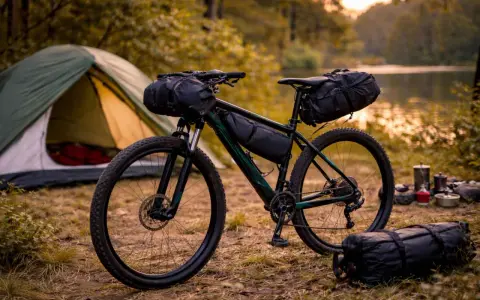Rower gotowy do bikepacking gravel. Namiot i sprzęt kempingowy czekają nad jeziorem.