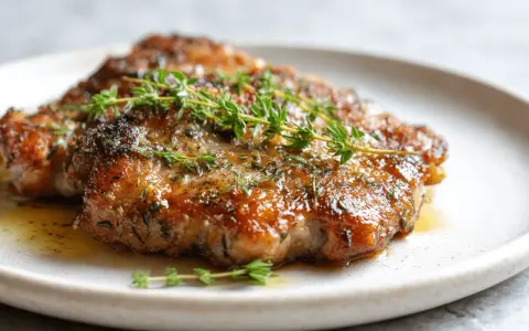 Soczysty schab z airfryer, idealnie przypieczony, z gałązkami świeżego tymianku.