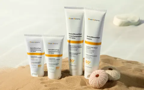 Cuatro tubos de crema solar biodegradable de Thader Pharma en la arena, con dos erizos de mar.