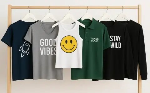 Różne koszulki na wieszakach: z rakietą, napisem "GOOD VIBES", uśmiechem, logo i "STAY WILD". Dowiedz się, jak uszyć koszulkę!