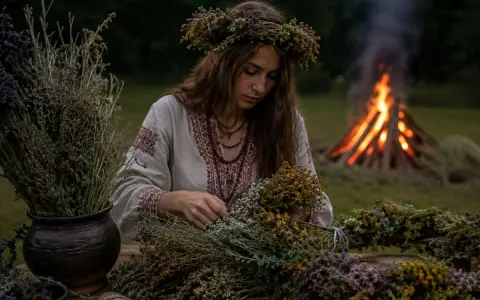 Dziewczyna w wianku z ziół, w tradycyjnej koszuli, przygotowuje bukiety. W tle płonie ognisko, przywołując ducha polskich pieśni ludowych.