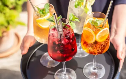 Vier erfrischende Hugo Spritz Cocktails mit Beeren, Zitrusfrüchten und Minze auf einem Tablett.