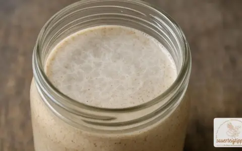 Ein Glas mit aktivem Sauerteig, bereit für die Zubereitung von Brot. Die kahmhefe zeigt sich in feinen Bläschen.