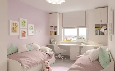 Chambre d'ado rose et blanche, deux lits jumeaux séparés par un bureau. Idéal pour un ado séparer une petite chambre en deux.