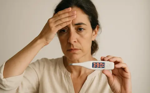 Donna con termometro digitale che mostra 39.0, fronte appoggiata sulla mano, segno di stanchezza cronica e malessere.
