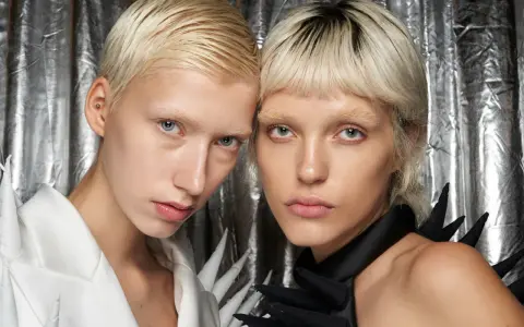Zwei Models mit Pixie Cut feinem Haar und auffälligen Outfits vor silberner Kulisse.