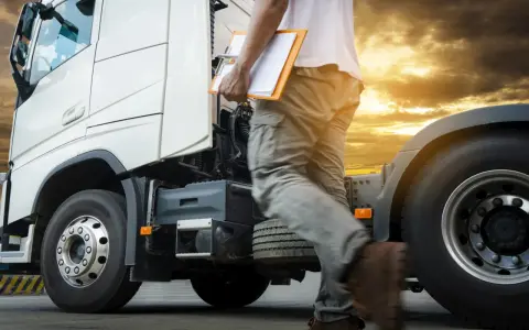 Kierowca z teczką zbliża się do białej ciężarówki. Zachód słońca i chmury tworzą dramatyczne tło dla tej sceny, która może być początkiem ważnej podróży lub zakończeniem dnia pracy na konwencja tir.