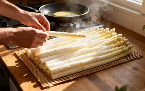 Préparation d'une recette d'asperges blanches. Des mains tiennent une asperge, tandis qu'une poêle chauffe en arrière-plan.