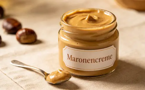 Glas mit Maronencreme, daneben eine Löffelprobe. Perfekt für süße und herzhafte Gerichte – die Maronencreme Verwendung ist vielfältig.