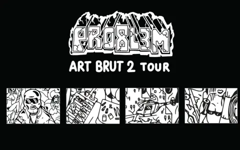 Problem Art Brut 2 Tour. Cztery czarno-białe grafiki w stylu art brut: mężczyzna w okularach i cygarem, grill, helikopter i twarz.