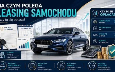 Granatowy samochód, umowa leasingu, kluczyki, kalendarz, kalkulator, monety i wykresy.