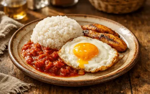 Plato de arroz a la cubana receta: arroz blanco, huevo frito con yema líquida, plátanos maduros fritos y salsa de tomate.