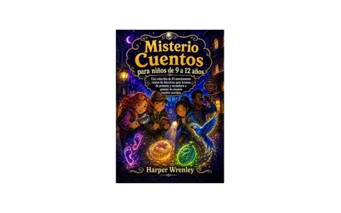 Ilustración de portada de libros de misterio para niños de 10 a 12 años. Cuatro jóvenes detectives investigan pistas brillantes en una calle nocturna.