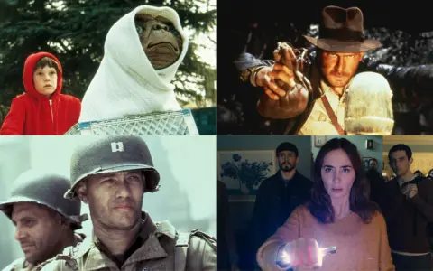 En bildkavalkad av filmer med Steven Spielberg: E.T., Indiana Jones, Rädda menige Ryan och A Quiet Place.