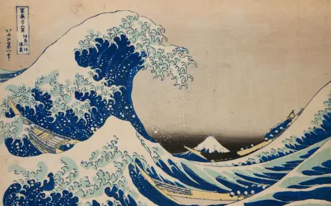 La Grande Vague de Kanagawa, une des plus célèbres oeuvres d'art connues, montre des bateaux luttant contre une vague immense, avec le Mont Fuji en arrière-plan.