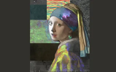 La jeune fille à la perle, revisitée avec des collages abstraits aux couleurs vives et texturées, pose avec son regard mystérieux.