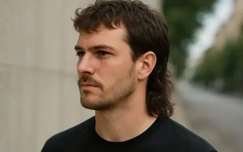 Mężczyzna z charakterystyczną fryzurą mullet, z krótkimi włosami z przodu i dłuższymi z tyłu, patrzy w bok.