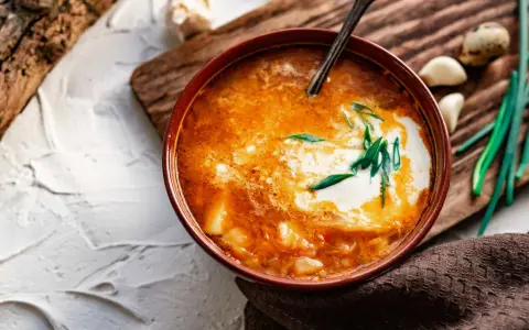 Un tazón de sopa de ajo con crema y cebolleta, acompañado de ajos y cebolletas.