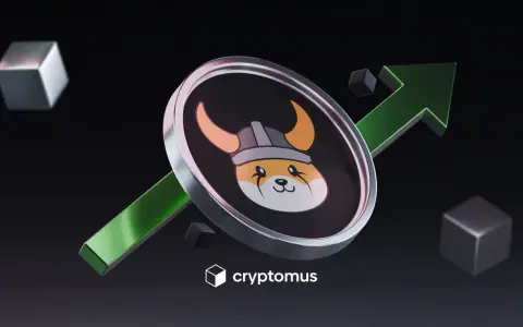 Floki Inu z zieloną strzałką wzrostu, symbolizującą sukces.