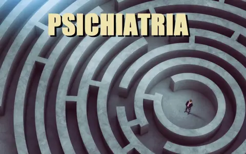 Un uomo d'affari in un labirinto di cemento, con la parola "Psichiatria" in alto. Un'immagine che evoca il pensiero tangenziale e la complessità della mente.