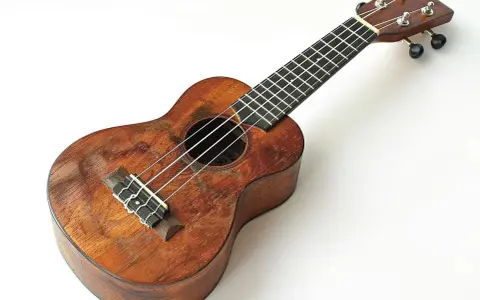 Drewniane ukulele z widocznymi śladami użytkowania. Na gryfie widać progi, a na pudle rezonansowym struny. Idealne do nauki chwytów na ukulele.