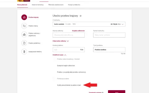 Formularz tworzenia przelewu krajowego. Możliwość wysłania potwierdzenia na e-mail, co jest kluczowe dla dokumentowania transakcji jako dowód wpłaty.
