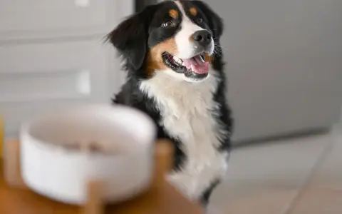 Berger de Berne impatient devant sa gamelle, signe d'une meilleure alimentation chien.