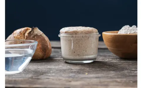 Un bocal de levain actif, du pain, de l'eau et de la farine illustrent la différence entre levain et levure.