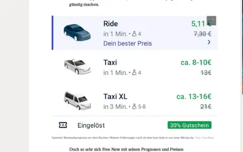 Free Now Fahrgast: Ride ab 5,11€, Taxi ab 8-10€. Die App bietet Gutscheine, aber die Bewertung ist gemischt.