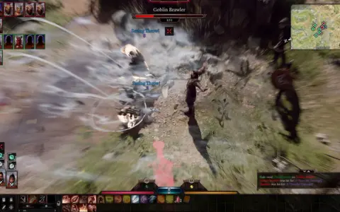 Combate en Baldur's Gate 3. Los requisitos del juego son altos, pero la acción vale la pena. ¡Un brawler goblin recibe daño!