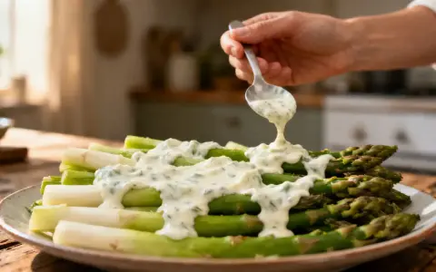 Une cuillère verse une sauce crémeuse sur un plat d'asperges chaudes, vertes et blanches.