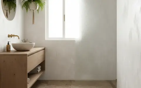Salle de bain moderne avec meuble en bois, vasque en pierre et murs à l'effet peinture à la chaux subtil.