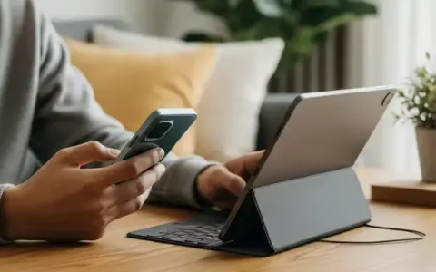 Person verbindet handy mit tablet, um effizient zu arbeiten.