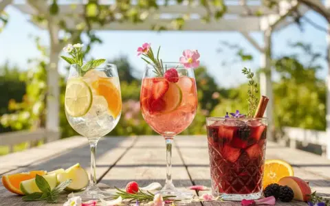 Tre färgglada sangriadrycker med frukt och örter på ett träbord utomhus. Perfekt för ett somrigt sangria recept.
