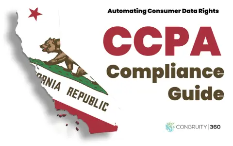 California map with bear, "Automating Consumer Data Rights CCPA Compliance Guide" text. Learn the CCPA meaning and how to comply.