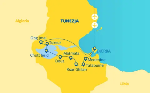Mapa Tunezji z zaznaczonymi atrakcjami: Tozeur, Douz, Matmata, Ksar Ghilan, Medenine, Tataouine i wyspą Djerba. Gdzie jest Djerba? Na wschodnim wybrzeżu Tunezji.