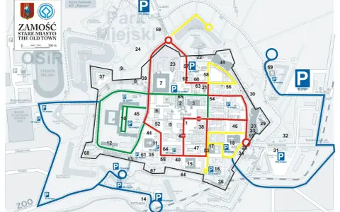 Mapa Zamość starówka z zaznaczonymi parkingami i trasami spacerowymi.