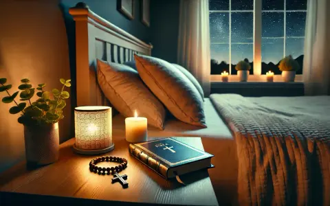 Na stoliku nocnym przy łóżku leży Biblia, różaniec i świeca. Gwiaździste niebo za oknem sprzyja wieczornej modlitwie.
