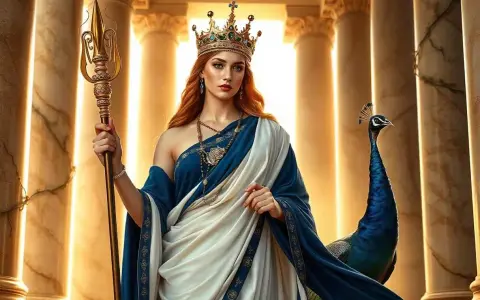 Hera, die Göttin, thront mit Krone und Dreizack, ein Pfau an ihrer Seite.