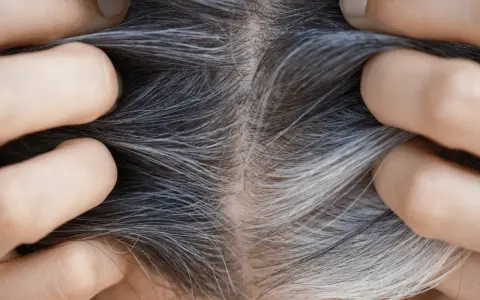 Nahaufnahme von grauen Haaren, die zeigen, ab wann man graue Haare bekommt. Hände trennen das Haar, um die Ansätze zu zeigen.
