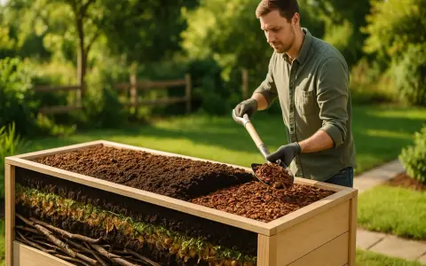 Mann schaufelt rindenmulch ins hochbeet. Die Schichten des Beetes sind sichtbar: Äste, Pflanzenreste, Erde und Mulch.