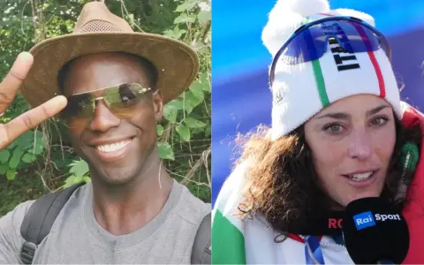 Federica Brignone sorride, mentre il suo fidanzato fa il segno della vittoria.