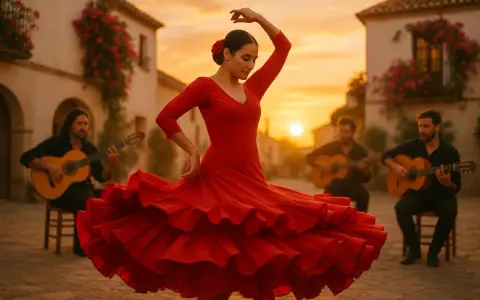 Tancerka w czerwonej sukni wiruje w rytm muzyki granej przez gitarzystów. Magiczny wieczór pełen pasji flamenco.